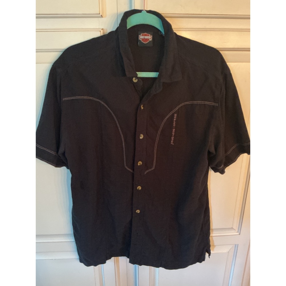Harley-Davidson Black Western Silk Embroidered Logo Short Sleeve Button Up Shirt